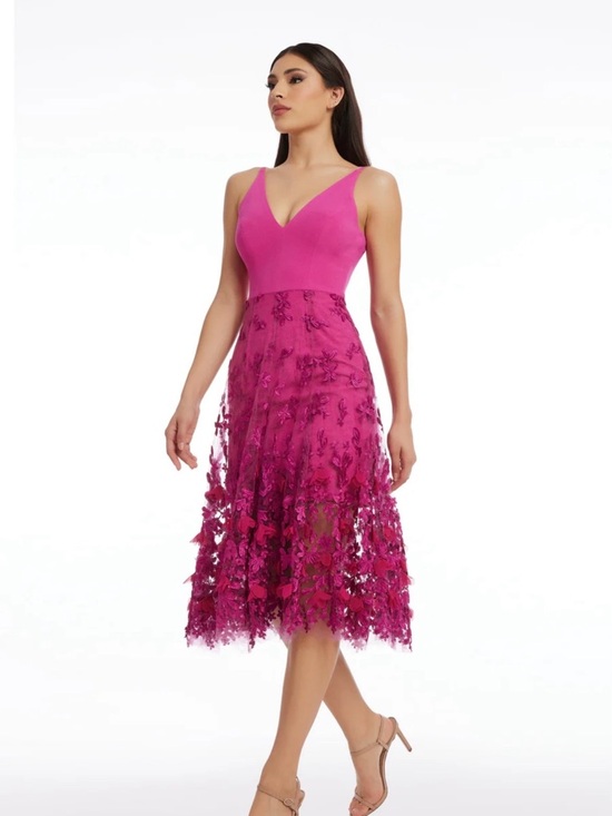 Dress the Population Dresses & Skirts - Dress the Population Fuchsia Floral Applique V-Neck Midi Dress